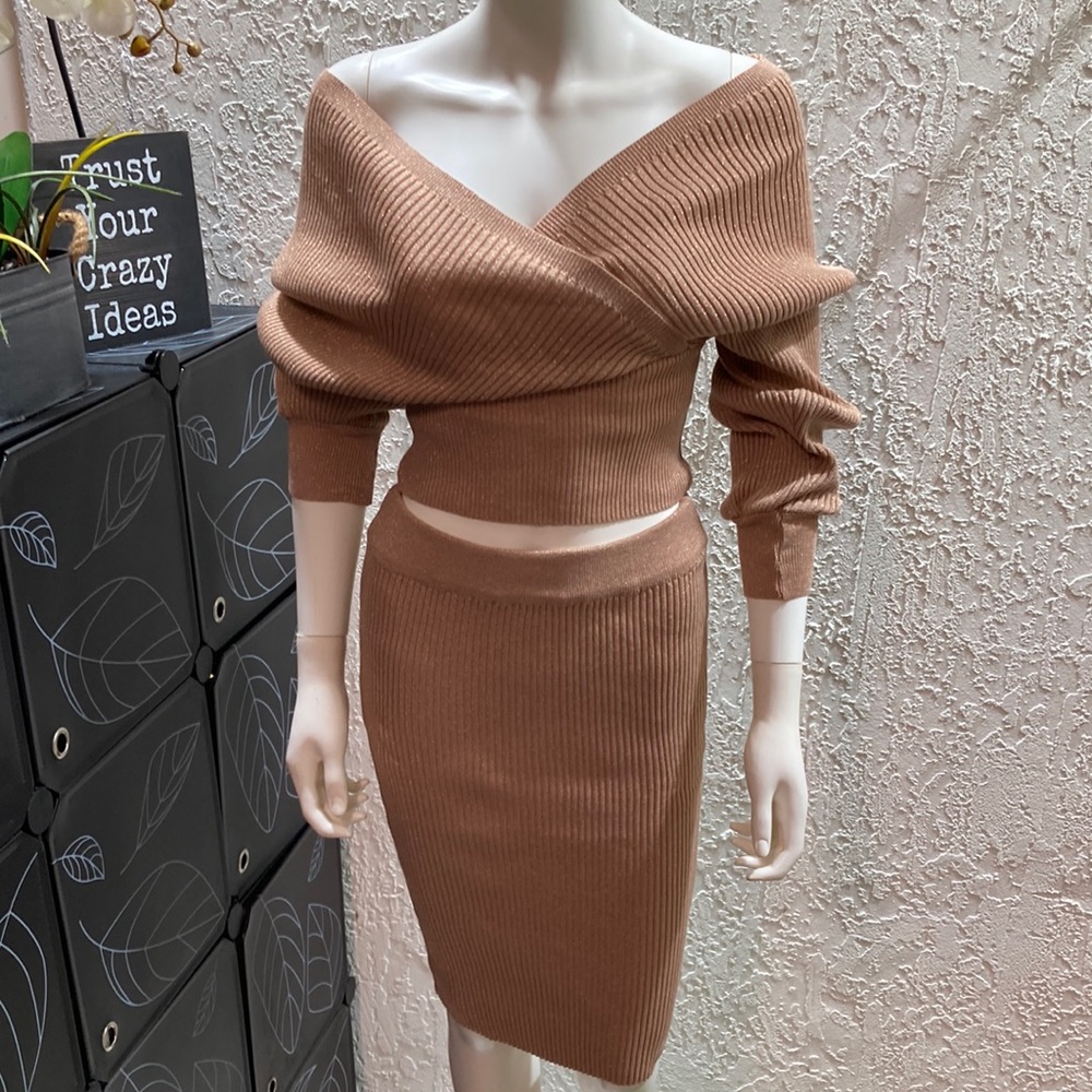 Off shoulder mocha and gold skirt set